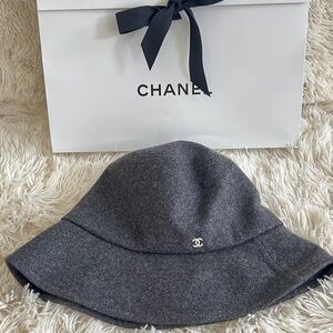 Authentic Chanel CLOCHE HAT in Gray, Black & Silver